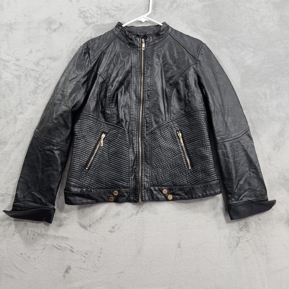 Made By Johnny Jacket Womens L Black Faux Leather Quilted Moto Biker Zip Pockets